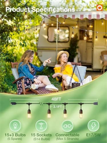 addlon 48 FT Outdoor String Lights Commercial Grade Weatherproof Strand, 18 Edison Vintage Bulbs, 15 Hanging Sockets (3 Spare Bulbs), ETL Listed Heavy-Duty Decorative Christmas Lights for Patio Garden