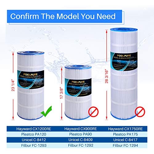 POOLPURE PLF120A Pool Filter Replaces Hayward C1200, CX1200RE, Pleatco PA120, Ultra-B2, Unicel C-8412, Filbur FC-1293, Clearwater II 125, Waterway Pro Clean PCCF-125, L x OD:23 1/4" x 8 15/16"