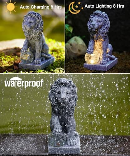 Nacome Solar Guardian Lion Garden Statue: Outdoor Decor Sculpture with Ball Lights for Yard Art Porch Patio - Unique Birthday Gifts for Women Mom
