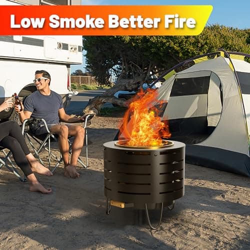 Low Smoke Fire Pit, 19 Inch Stainless Steel Portable Fire Pit for Wood Burning, Outdoor Fire Pit Perfect for Camping or Backyard, Includes Fire Poker, Stand, Cloth Cover and Grill Rack