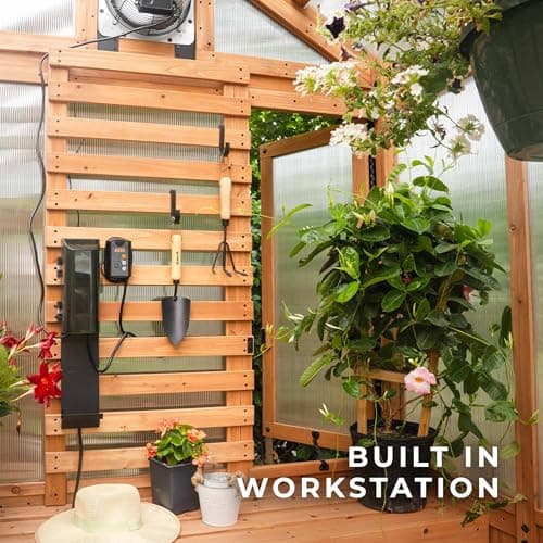 Backyard Discovery Bellerose 9' x 6' Cedar Wood and Polycarbonate Walk-in Greenhouse Kit with Pergola, Exhaust Fan, Windows, Hose Hook-Ups, PowerPort, Staging Shelves for Year-Round Outdoor Gardening