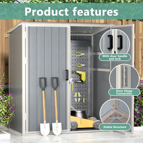Aoxun Outdoor Storage Shed 5 x 3FT, Resin Shed with Floor and Lockable Door, Plastic Shed for Bike, Garbage Can, Tool, Accessories, Lawn, Garden - Grey