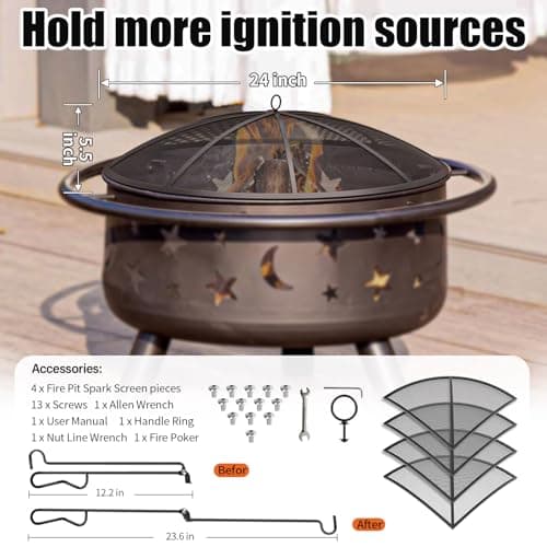 Fire Pit Spark Screen, 24Inch Fire Pit Lid Outdoor with Handle & Poker, Heavy-Duty Mesh Firepit Cove with 12 Reinforced Bars for Backyard/Beach/RV Camping