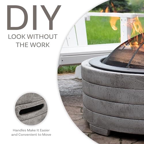 Sunnydaze 36-Inch Faux Stone Fire Pit Bowl with Handles - Wood Burning Fireplace with Spark Screen and Poker