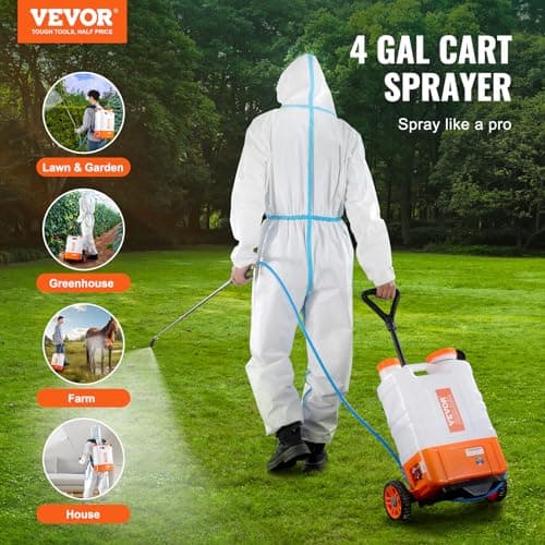 VEVOR 4 Gallon Battery Powered Backpack Sprayer with Wheeled Cart, Adjustable 0-94 PSI, 13FT Hose, 6 Nozzles, 2 Wands Included, Wide Mouth Lid for Weeding, Cleaning, Long Spray Time, White+Orange
