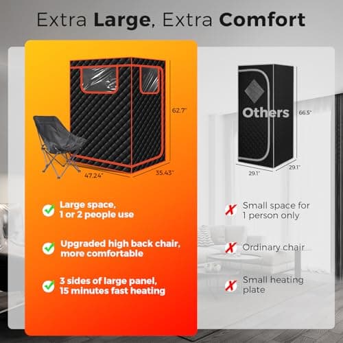 Smartmak Portable Infrared Sauna, 1-2 Person X-Large Infrared Sauna Box, Full Size Personal Home Sauna Tent, with Adjustable Folding Chair, Remote Control, LED Red Light (Black-2 Person)