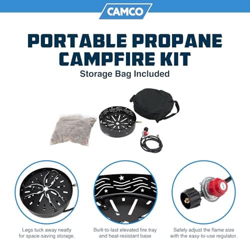 Camco 58041 Portable Campfire Outdoor Propane Heater Compact Fire Pit with Lava Rocks for Camping, Tailgating, and Patios, Black