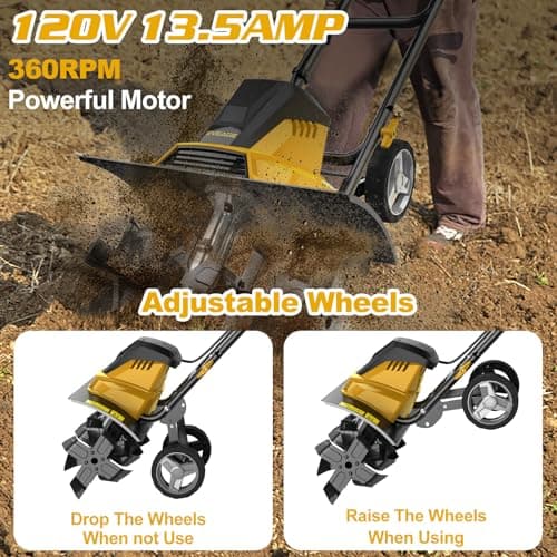 EVEAGE 18-Inch 13.5AMP Rototiller for Garden Corded Electric Tiller Machine 4'' - 8'' Farm Tilling Depth, Foldable Handle 6x4 Tines with Adjustable Wheels