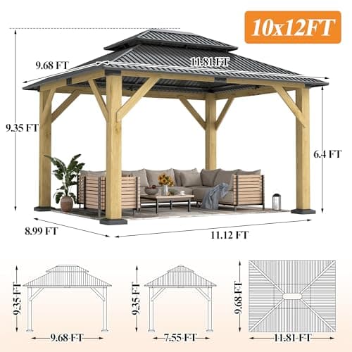 10’x 12’ Outdoor Wood Gazebo - Patio Hardtop Gazebo Permanent Wooden Pavilion with Galvanized Steel Double Roof, Cedar Wooden Gazebos for Garden, Lawn, Poolside, Backyard Deck