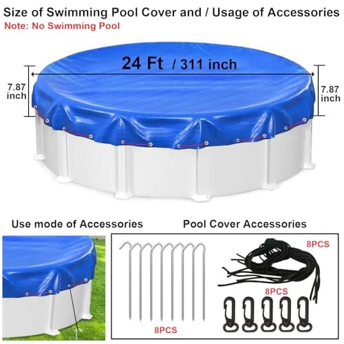 LXKCKJ 24 Ft Round Pool Cover, Winter Pool Covers for Large Above Ground Pools, Extra Thick PE Pool Cover Add Ground Nail Set and Specially Molded Winch Ideal for Waterproof and Dustproof (Blue)
