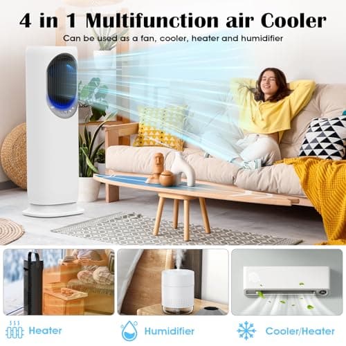 4 IN1 Evaporative Air Cooler, Swamp Cooler with 4L Water Tank, Tower Fan with Humidification, Fan and Heater Combo, 120°Oscillating, Remote, 12H Timer, 2 Ice Packs (Panel-Crescent)