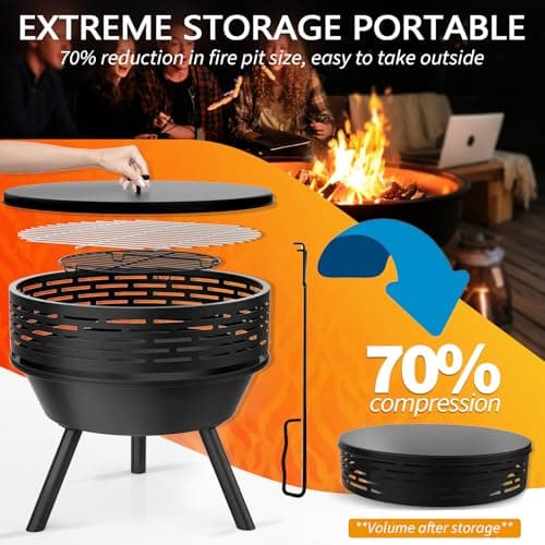 3-in-1 Fire Pit with Grill & Lid, 23" Outdoor Fire Pit Table, Cast Iron Wood Burning Firepit, Heavy Duty Fire Bowl for Outside Patio, Backyard Fireplaces, Large BBQ Pit Table with Fire Poker