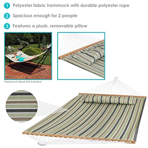 Sunnydaze Quilted Outdoor Hammock with Spreader Bars - Heavy-Duty 450-Pound Capacity Double Hammock for Outside - Khaki Stripe