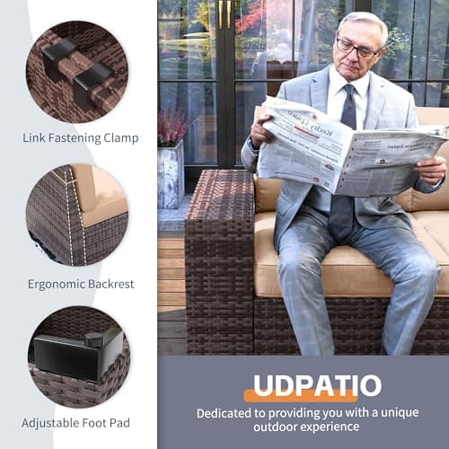 UDPATIO 7 Piece Patio Furniture Set with Fire Pit Table, 8''Wide Armrest Modular Rattan Outdoor Sectional Sofa Set,Wicker Patio Conversation Sets for Backyard,Deck w/ 4'' Cushions,Cover(Brown/Khaki)