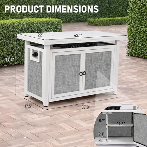 42inch Propane Fire Pit Table, Rectangular Gas Firepit Table with Removable Desktop,2 Tier Storage Shelves, Tempered Glass and Rain Cover for Garden, Patio & Backyard (White)