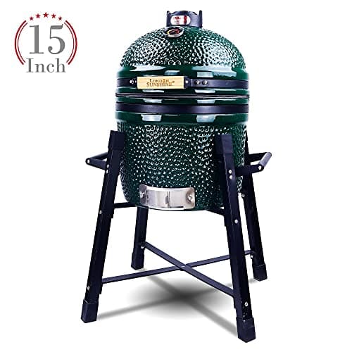 Ceramic Kamado Charcoal BBQ Grill and Smoker, Stainless Steel Grates -15" Ceramic with Tall Stand (GREEN)