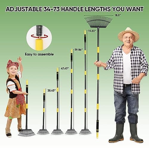 Garden Leaf Rakes, 6FT Rake for Lawns Heavy Duty 25 Metal Tines 18.5 inch Wide, Adjustable Steel Handle, Rakes for Leaves, Gathering Shrub, Grass, Flower Beds