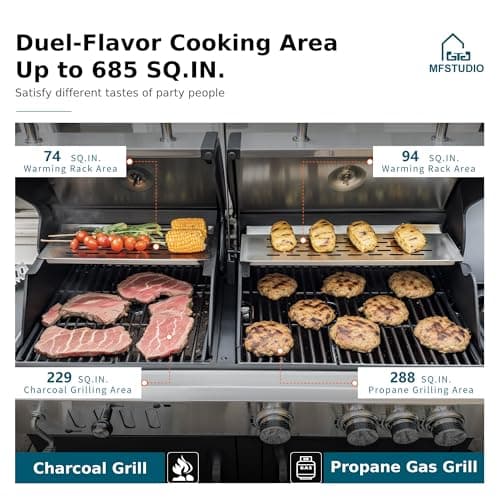 MFSTUDIO Gas and Charcoal Grill Combo with Side Burner, Porcelain-Enameled Cast Iron Grate, Extra Large Dual-Function BBQ Propane Smoker Grills for Outdoor Barbecue Cooking, 690 SQIN Cooking Area