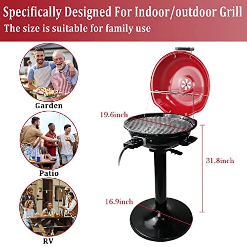 Electric BBQ Grill Techwood 15-Serving Indoor/Outdoor Electric Grill for Indoor & Outdoor Use, Double Layer Design, Portable Removable Stand Grill, 1600W (Stand Red BBQ Grills)
