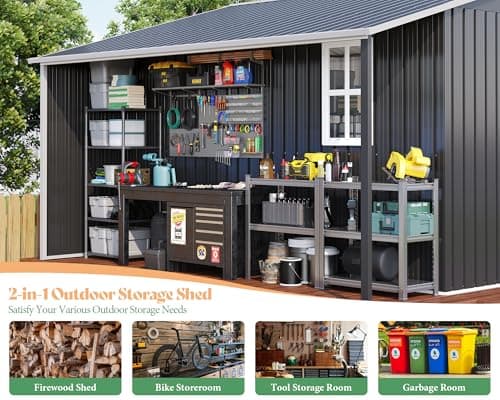 AMERLIFE 10.6x10.3x6.3 FT Outdoor Storage Shed with Sliding Doors Two 4-Pane Windows, Open Outdoor Shed for Wood Storage, Dark Grey/White