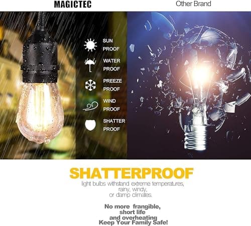 Magictec LED Shatterproof String Lights Commercial Grade with 15 Hanging Sockets 48 Ft Black Outdoor Weatherproof Cord Strand for Patio Garden Porch Backyard Bistro Gazebo Party Deck Yard