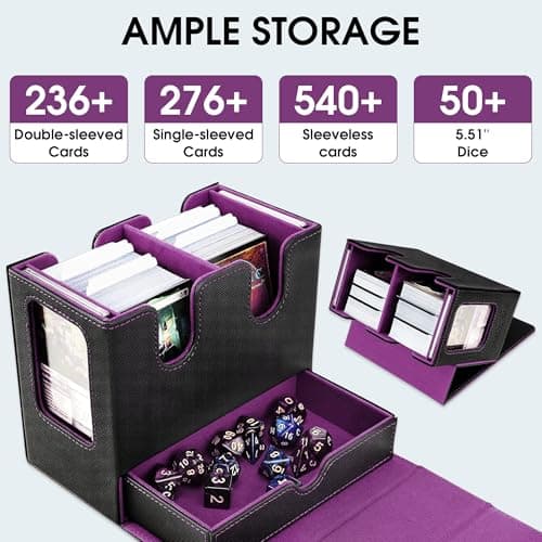 Deck Box MTG with Handle, 2 Commander Displays, 3-in-1 Card Deck Box Fits 236+ Double-sleeved Cards, Magnet Organizer with Dice Tray, 2 Card Holders, 6 Dividers for TCG, CCG -Black Purple(Patent)
