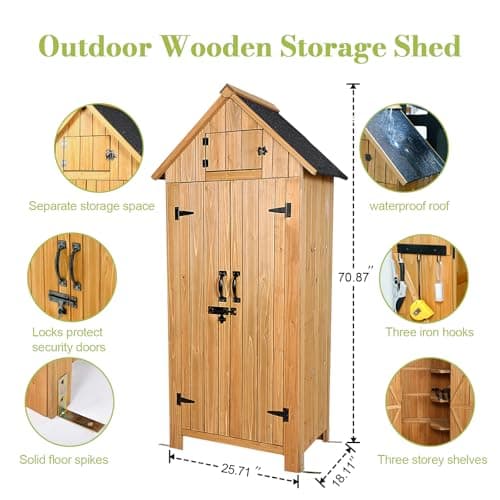 Wooden Outdoor Storage Shed with Double Doors,70” Tall Waterproof Storage Shed with Lock,Sheds & Outdoor Storage with Windproof Tipping for Deck,Backyard Garden and Yard