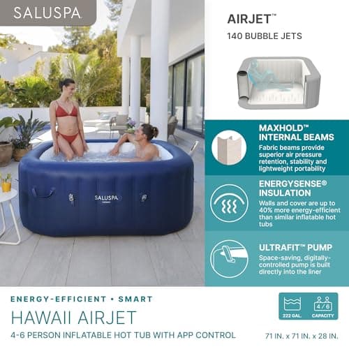 Bestway SaluSpa Hawaii Smart AirJet Inflatable Hot Tub Square Portable 4 to 6 Person Spa with 140 AirJets, App Control and EnergySense Cover, Blue