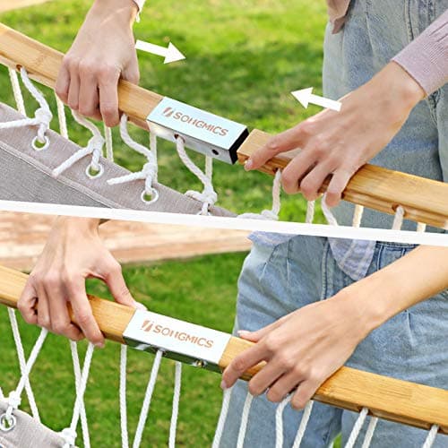 SONGMICS Hammock, Quilted Hammock with Curved Bamboo Spreaders, Pillow, 78.7 x 55.1 Inches, Portable Padded Hammock Holds up to 495 lb, Gray and Beige UGDC34CG