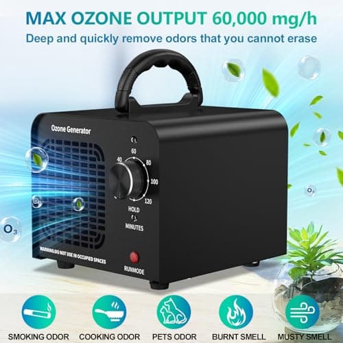 Ozone Generator 60000mg/h, High Capacity Ozone Machine, Odor Eliminator for Home, Car, Smoke, Pets, O3 Air Purifier Deodorizes 6,000 Square Feet (Black)