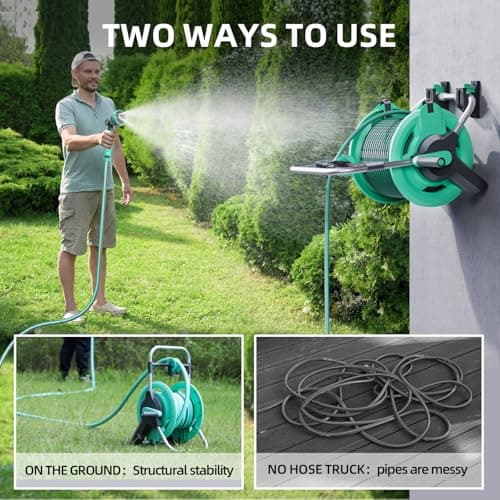 Portable Garden Hose Reel Cart, Hold Up to 50-75 Ft Hose, Wall Mounted Water Hose Reel, Mobile Garden Hose Holder Tools With Built-In Guide, for Outside Car Washing, Watering