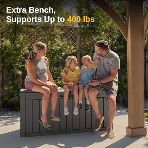 EAST OAK Outdoor Storage Box, 90 Gallon Deck Box, Waterproof Resin Storage Bin for Patio Cushions, Gardening Tools, Lockable, UV Resistant, Grey