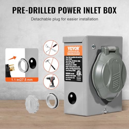 VEVOR 50 Amp Generator Cord and Power Inlet Box Kit, 25FT Generator Extension Cord NEMA 14-50P/SS2-50R STW 6/3+8/1 AWG with Twist Lock Connector, Pre-Drilled Inlet Box, ETL Listed