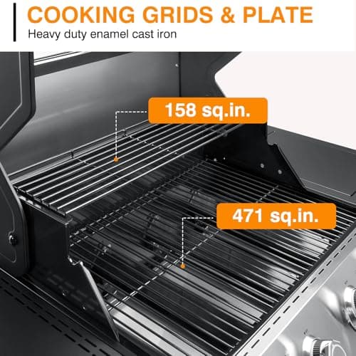 4 Led Burner Propane Gas Grill with Side Burner, Stainless Steel Gas Grill with Built-in thermometer & Enameled Cast Iron Grates, 60,000 BTUs Output for Outdoor Cooking and Patio Backyard Barbecue