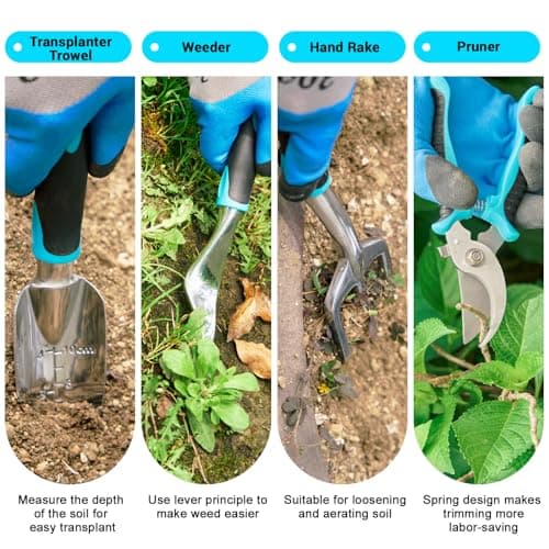 Garden Tool Set with Non Slip Rubber Grip,11 Piece Stainless Steel Gardening Tool Sets,Heavy Duty Outdoor Hand Tools Kit,Durable Tote Bag,Repotting mat,Uprooting Weeding Tool,Ideal Gifts Blue