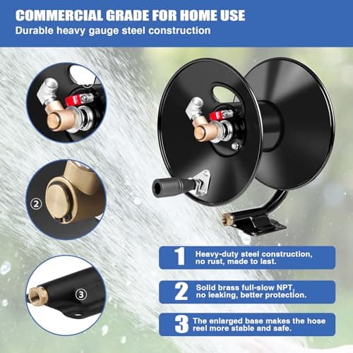 Heavy Duty Power Washer Hose Reel - 50ftx3/8' / 65ftx1/4', M22-14 Fitting, Wall/Trailer/Van Mount, Manual Crank