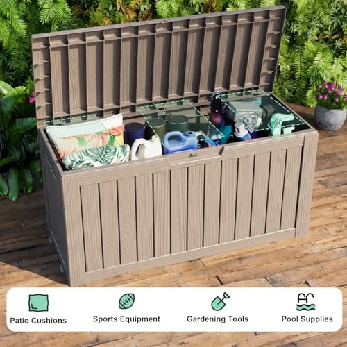 ROJIK Outdoor Storage Housing Deck Box - Waterproof Patio Furniture, Garden Tools, Cushions, Pool Accessories Storage Bench with Lockable Lid and Side Handles (Grey 75 Gal)