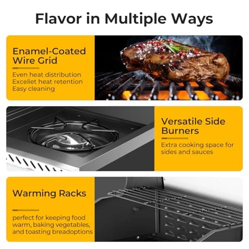 R.W.FLAME 3 Burners Propane Gas Grill with Side Burner, 34000 BTU BBQ Grills for Outdoor Cooking, Enamel-coated Wire Grate, Removable Grease Tray, Barbecue Grill for Camping, Backyard, Patio, Deck