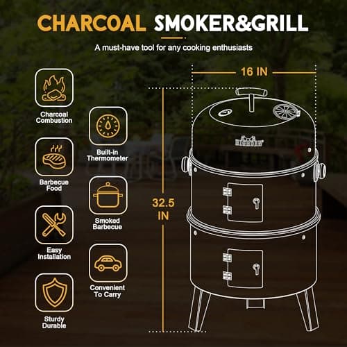 BIG HORN OUTDOORS 16 inch Charcoal Smoker, Vertical BBQ Grill, Heavy Duty 4 In 1 Fire Pit with Built-in Thermometer & Adjustable Vent System for Backyard Patio Camping