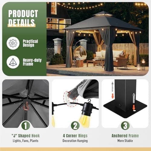 AOXUN Outdoor Gazebo for Patio 10x10, Metal Frame Canopy with Double Roofs, Heavy Duty Party Tent and Shelter with Mosquito Netting and Privacy Screen for Backyard, Lawn, Garden, Deck (Grey)