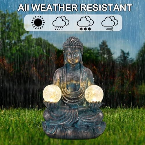 Afirst Meditating Buddha Garden Statues Solar Buddha Sculpture Decor with Glass Balls Zen Meditation for Home Garden Yard Patio Indoor Outdoor Ornaments