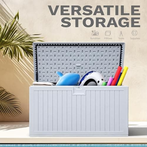 DWVO 230 Gallon Double-Wall Deck Box with Divider, XXL Extra Large Resin Outdoor Storage Box, Lockable & Waterproof, Double as Seating, 1000lbs Capacity (Grayish-White)