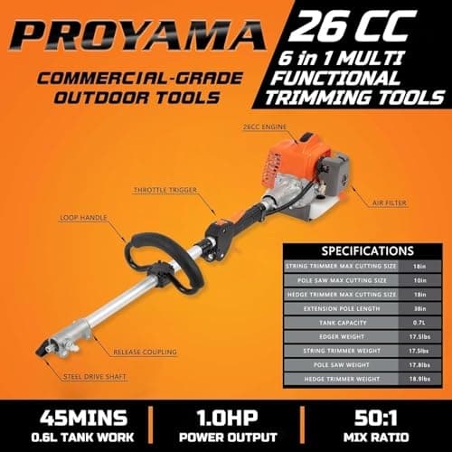 PROYAMA 26cc 6 in 1 Multi Functional Trimming Tools, Gas Hedge Trimmer, Weed Eater, String Trimmer, Brush Cutter, Edger, Pole Saw Chainsaw Pruner with Extension Pole
