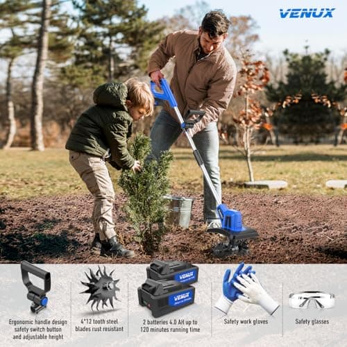 VENUX 20V Cordless Tiller Cultivator Electric Garden Tiller- 2 Batteries 4.0AH Included, 48 Steel Anti-Rust Tines 360RMP Tilling 9-in Width & 6.6-in Depth, Safety Gloves & Glasses Included