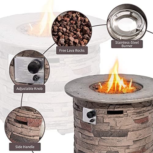 SUNBURY Outdoor Fire Pit Propane Round Fire Pit Table Fire Column, Stonecrest 40,000 BTU Gas Fire Pits for Outside w Lava Rocks, Waterproof Cover, CSA Certified