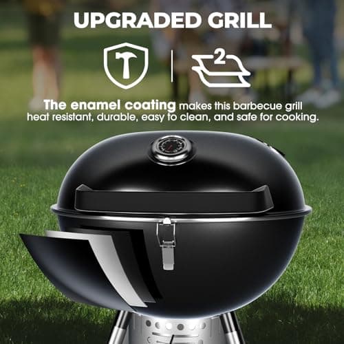 22 Inch Charcoal Grill with 2 Foldable Side Tables,Charcoal Kettle Grills with Wheels,Outdoor bbq Grill,Portable Charcoal Grill for Camping,Party,Backyard (Black)