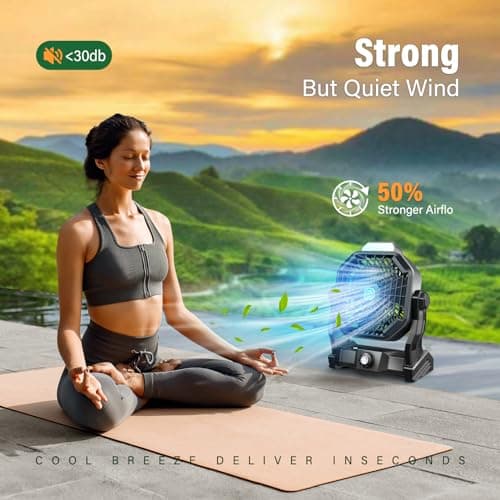 10400mAh Solar fan, Camping Fan with Solar Panel, 7W Rechargeable Solar Powered for Outside, LED Lantern, Stepless Speed and Quiet Battery Operated for Picnic, Barbecue, Fishing, Travel