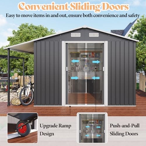 AMERLIFE 10.6x10.3x6.3 FT Outdoor Storage Shed with Sliding Doors Two 4-Pane Windows, Open Outdoor Shed for Wood Storage, Dark Grey/White
