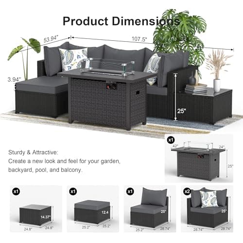 Patio Furniture Set with Fire Pit Table, 6PCS Outdoor Conversation Sets Waterproof Rattan Sectional Sofa with 4” Thickened Cushion Modular Wicker Patio Furniture Set with Glass Top Table (Grey)