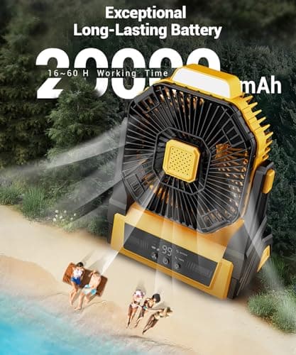 KopBeau Portable Camping Fan with Lights, 20000mAh Rechargeable Battery Operated Fan, Battery Powered Outdoor Beach Tent with 3 Speeds & Hook, Personal USB Table for Camping Accessories